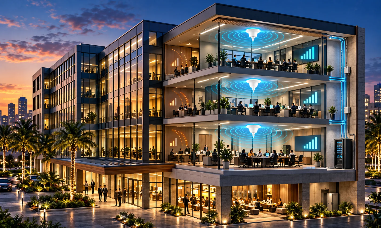 Glass and concrete commercial office building at dusk, an illustrative architectural image