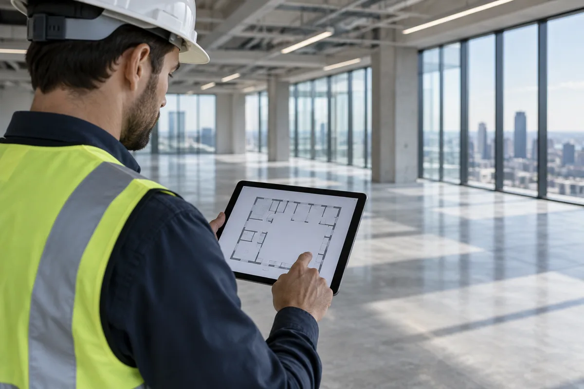 Engineer reviews a conceptual wireless floor plan during a survey
